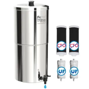 Ferrum Ultra Pro+ SS304 Stainless Steel Ultra Filter Gravity Based Water Purifier 24L with 2x Activated Carbon + 2x UF Membrane Water Filter (Mirror Finish)